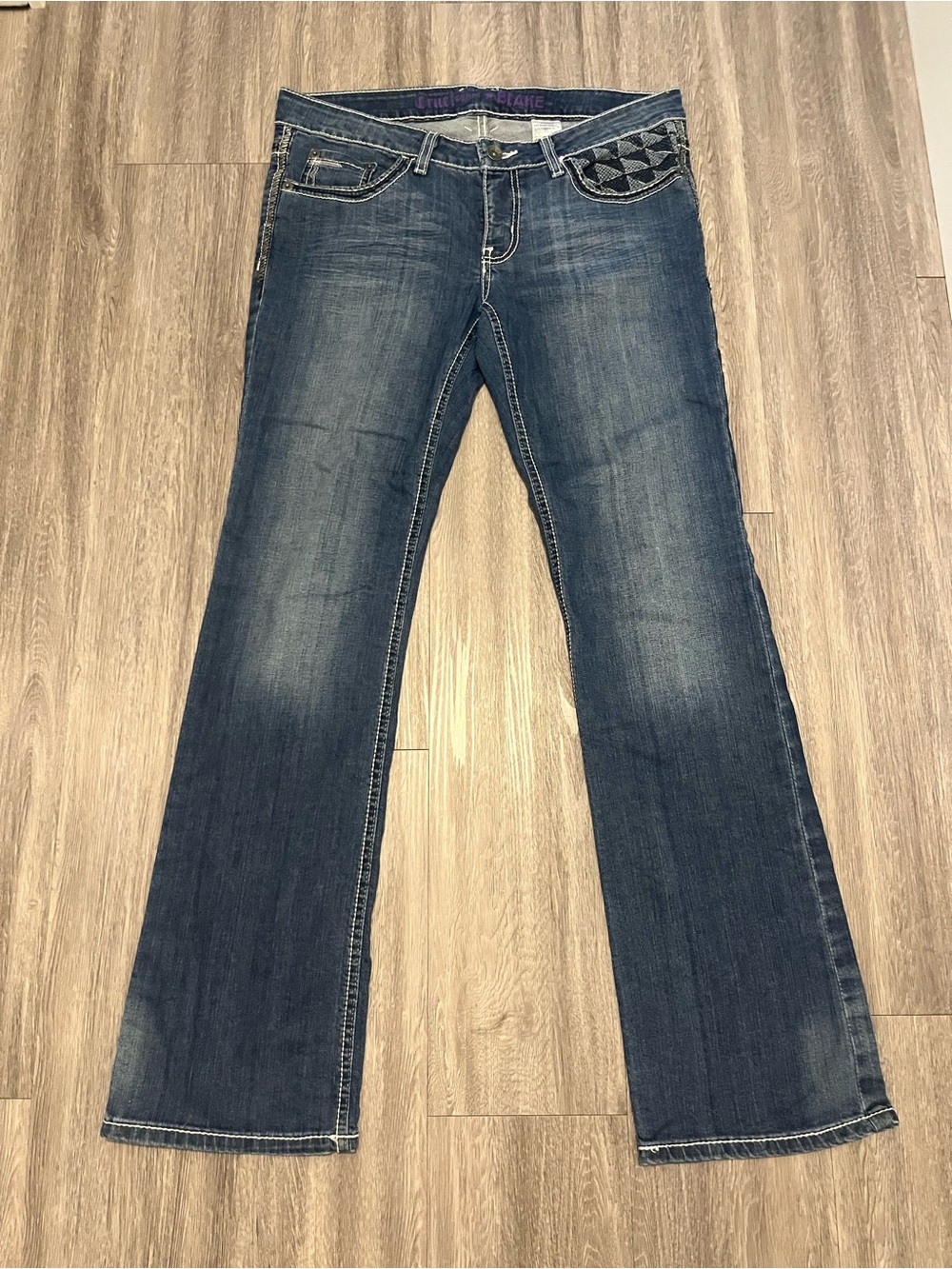 Dark Blue Flare Jeans with Embroidered Waistband